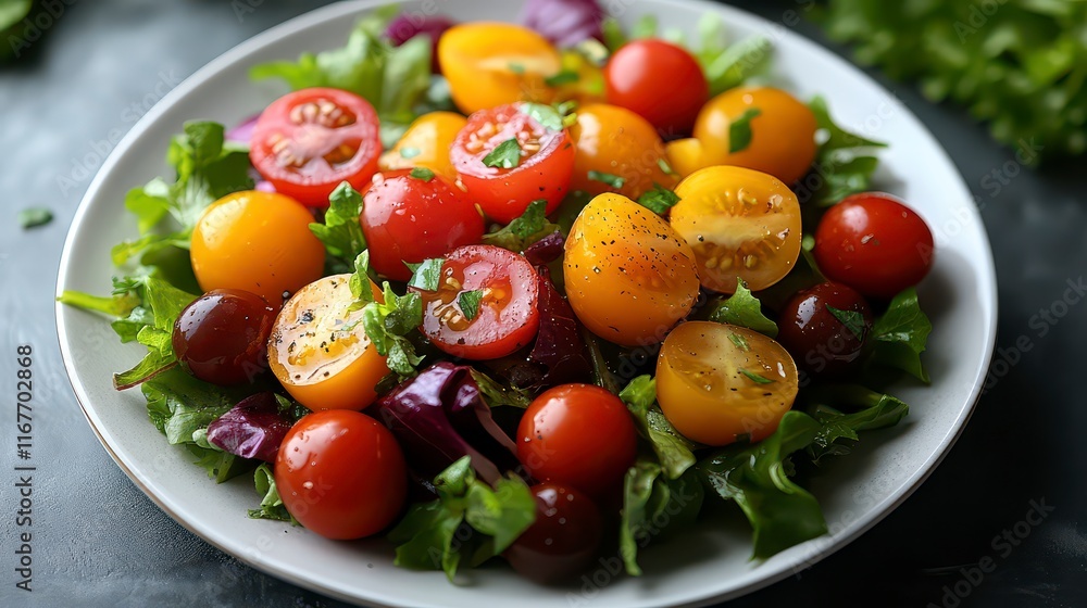 Colorful cherry tomato salad on a plate with lettuce. Colorful cherry tomato salad on a plate with lettuce.