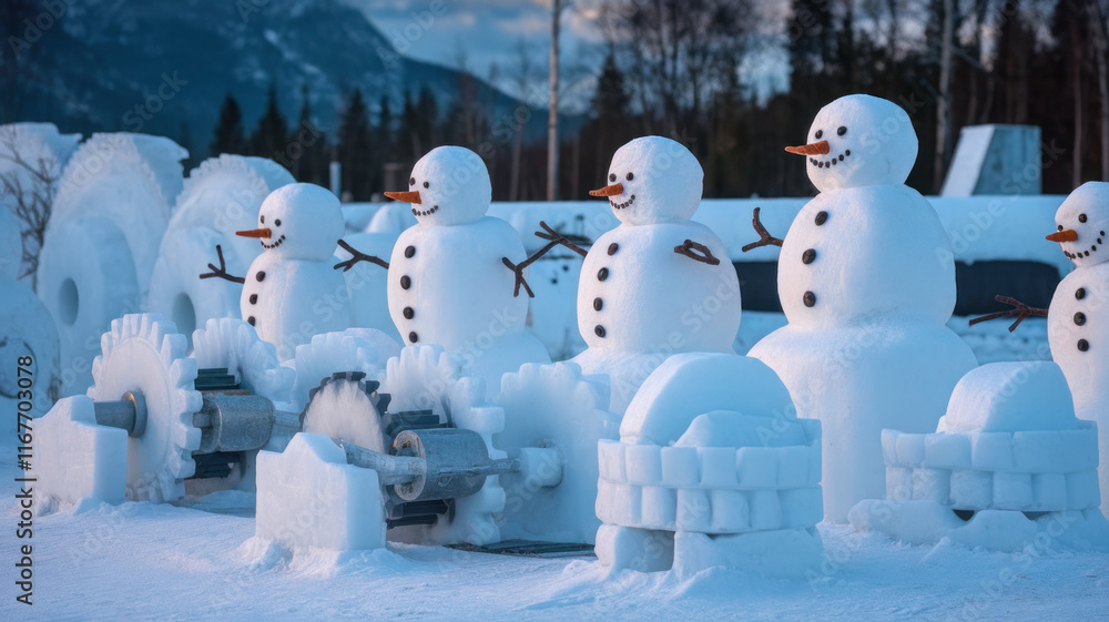 Snowman Steering a Frozen Industrial Wheel Snowman Steering a Frozen Industrial Wheel