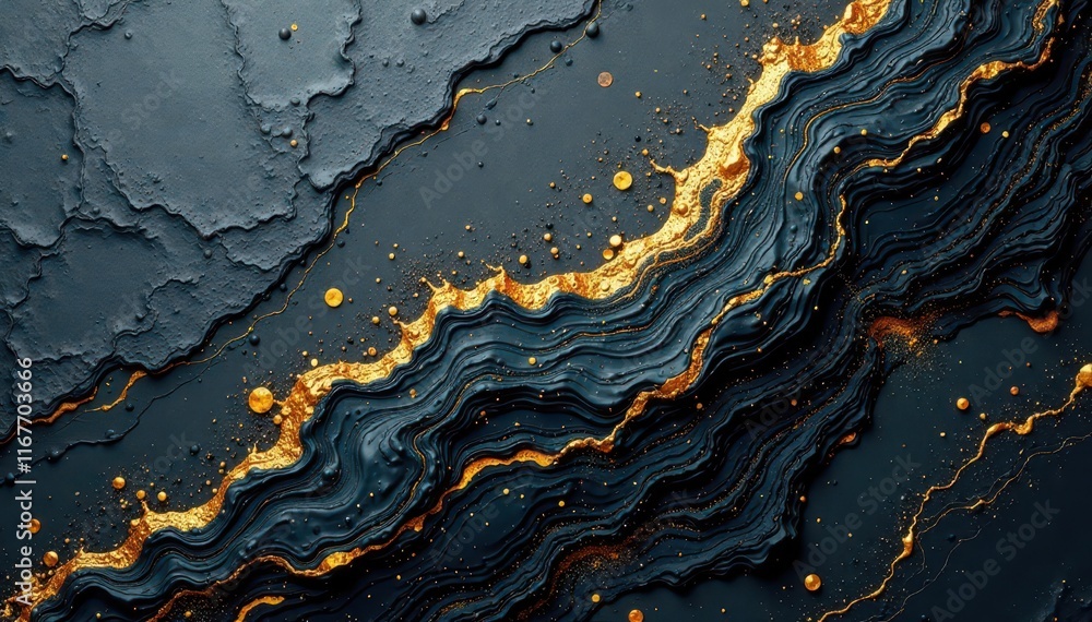 Obraz premium Black and grey marble ink with gold accents on textured paper background , minimal, art