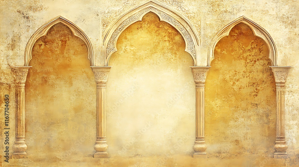 Naklejka premium Ornate Triple Archway Columns Antique Wall Design