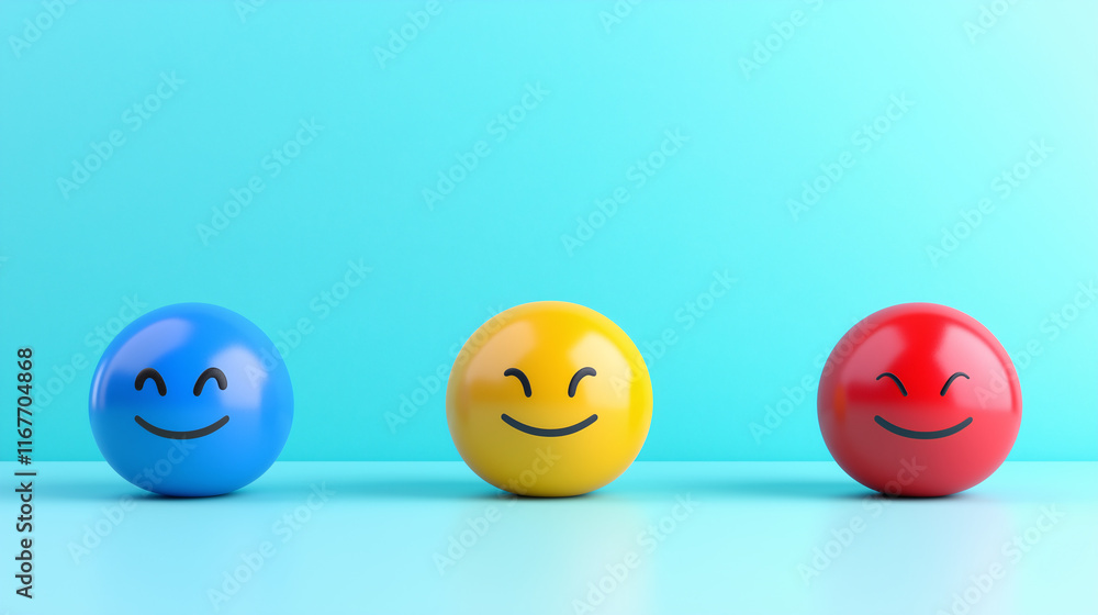 Pelotas de colores con caras sonrientes alineadas sobre fondo oscuro Pelotas de colores con caras sonrientes alineadas sobre fondo oscuro