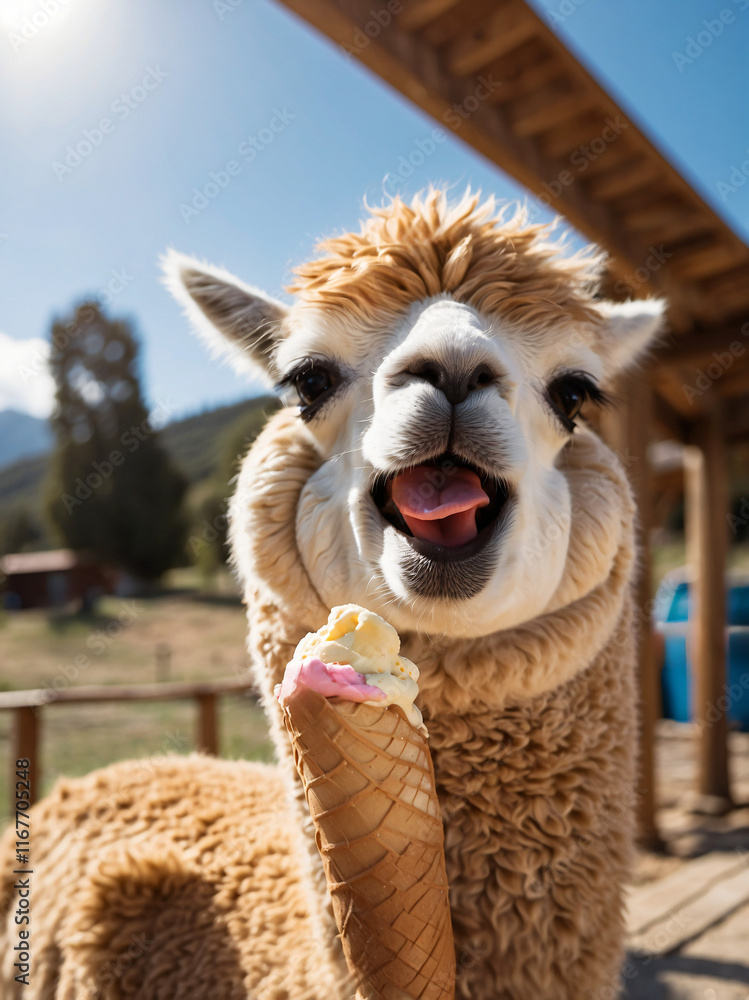 Obraz premium Funny Alpaca Eating Ice Cream - Cute Animal Portrait Outdoors