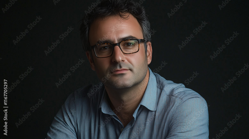 Fototapeta premium Retrato de hombre con gafas y camisa azul sobre fondo oscuro