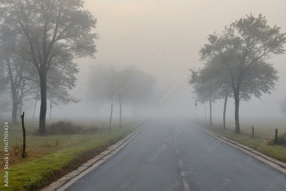 Empty road disappearing into the fog on a misty morning Empty road disappearing into the fog on a misty morning