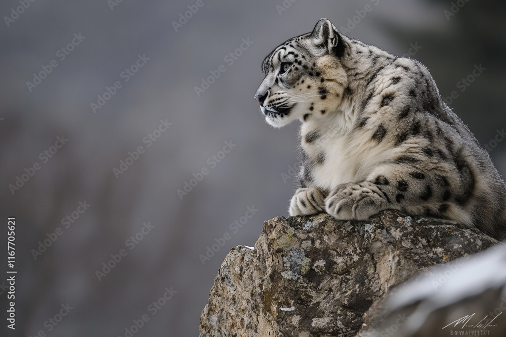 Majestic snow leopard rests on a rocky outcrop in its natural habitat during twilight hours. Generative AI Majestic snow leopard rests on a rocky outcrop in its natural habitat during twilight hours. Generative AI