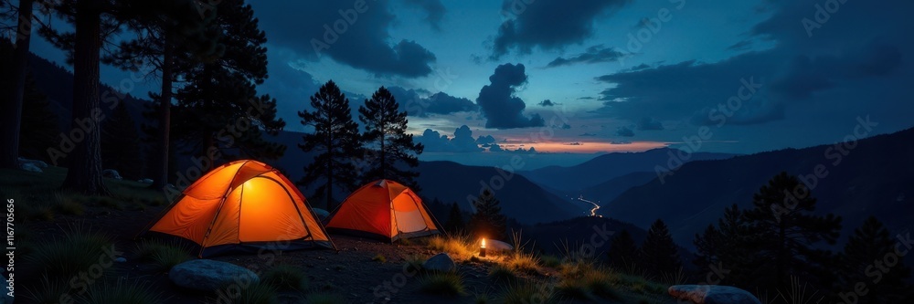 Darkened sky, campsite tents, and trees at dusk, with a lantern glowing softly in the distance, nightfall, darkness, silhouette Darkened sky, campsite tents, and trees at dusk, with a lantern glowing softly in the distance, nightfall, darkness, silhouette