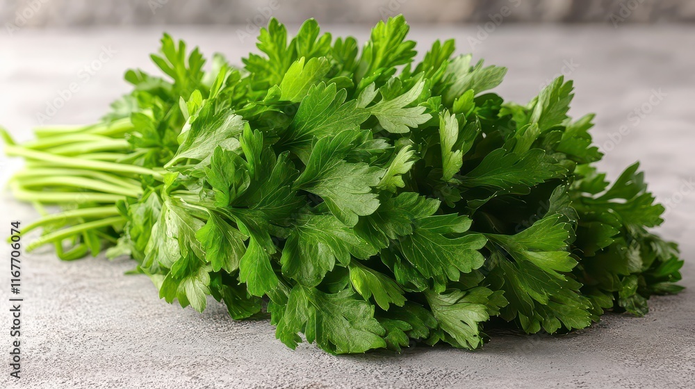 Fresh parsley bunch on gray background.