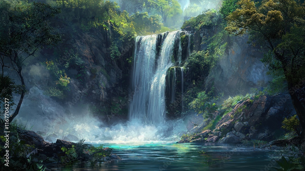 Serene Waterfall in Lush Tropical Paradise Serene Waterfall in Lush Tropical Paradise