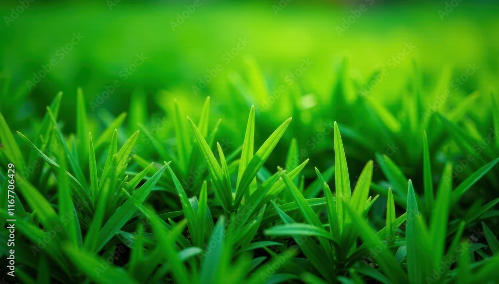 Fototapeta premium Dense, emerald green grass with scattered blades, grass texture, emerald green, leafy