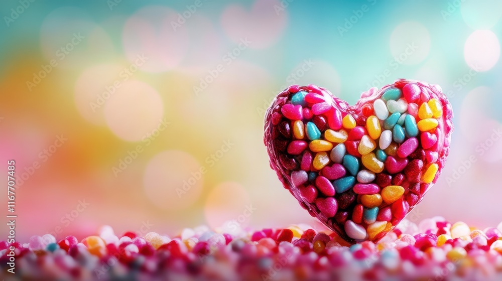Fototapeta premium Colorful sweet dragee in heart shaped , on a blurred lighting background. Valentines Day concept, Banner