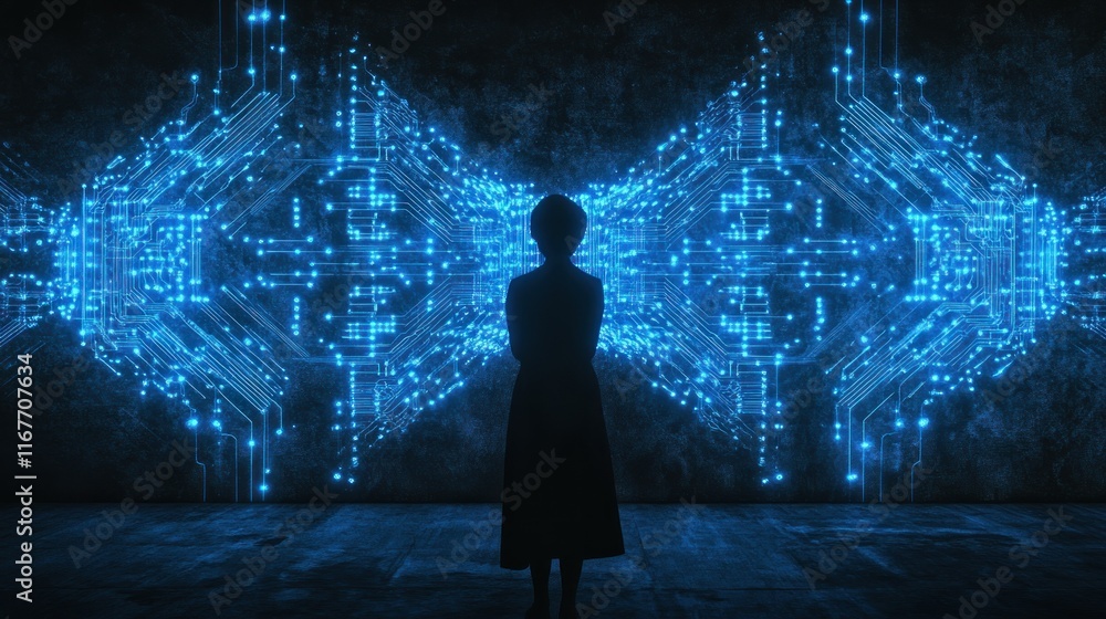 Obraz premium Woman silhouetted against a glowing blue digital circuit board background.