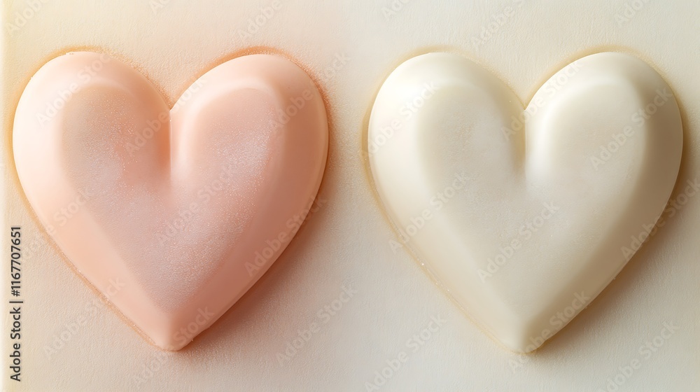 Obraz premium Two heart shaped soaps in pale pink and white