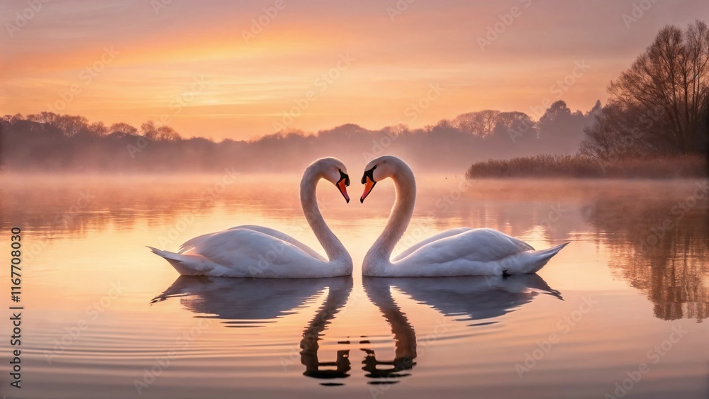 Fototapeta premium Swans at sunset forming a heart shape