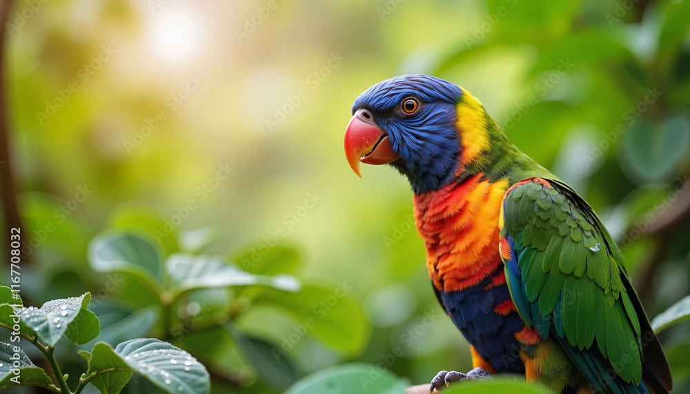 Obraz premium Vibrant parrot perched on branch in tropical rainforest, wildlife beauty