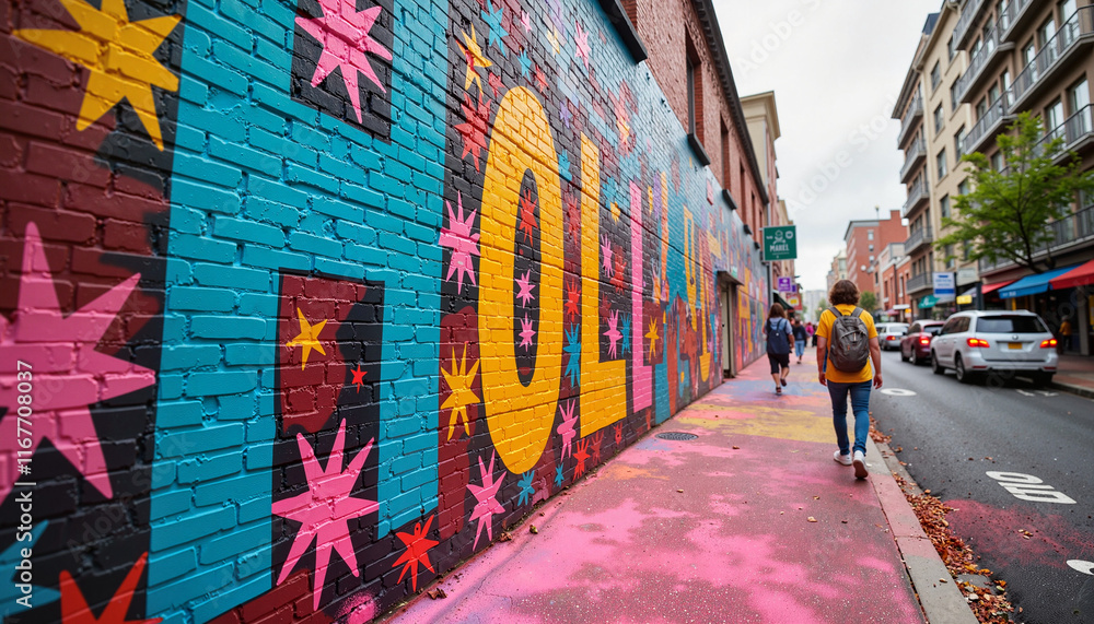 Fototapeta premium Colorful Holi-themed mural in urban landscape, celebration of vibrancy