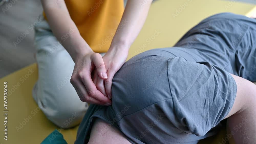 Masseuse making thai yoga massage. Cropped view of woman therapist doing traditional massage treatment for male patient. Client lying on mat, meditating, enjoying hand massage in calm atmosphere. Masseuse making thai yoga massage. Cropped view of woman therapist doing traditional massage treatment for male patient. Client lying on mat, meditating, enjoying hand massage in calm atmosphere.