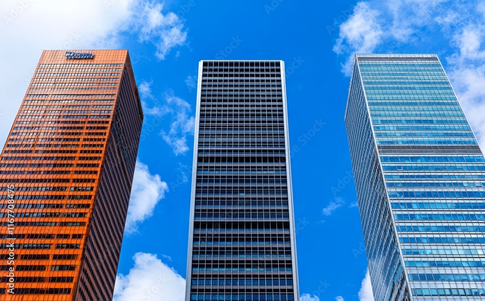 A low, wide-angle view of modern glass and steel skyscrapers in London Docklands. A low, wide-angle view of modern glass and steel skyscrapers in London Docklands.