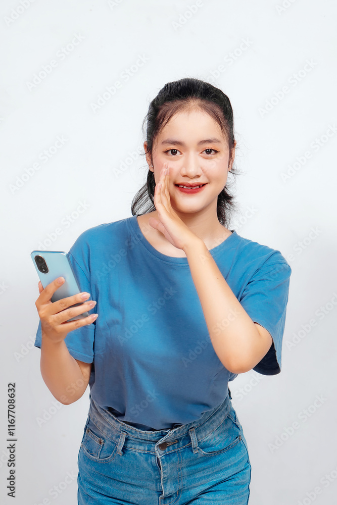 A young beautiful Asian woman holding her phone is shouting and screaming loud with a hand on her mouth, isolated by white background. A young beautiful Asian woman holding her phone is shouting and screaming loud with a hand on her mouth, isolated by white background.