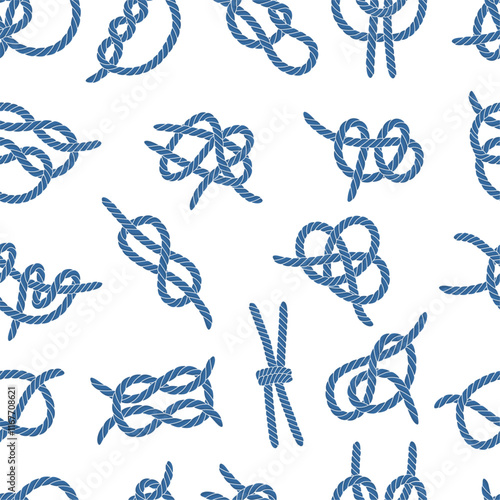 Rope seamless pattern. Blue nautical knots from ropes, professional sailing or boating. Decorative fabric print, web design elements, neoteric vector background