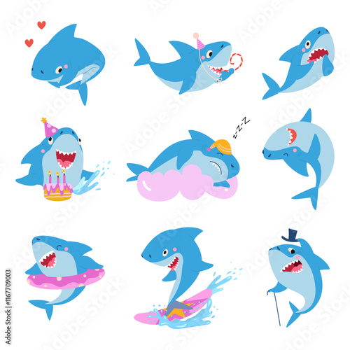 Cartoon funny sharks. Cute shark various emotions, ocean sea predator activities. Underwater life wild characters, isolated childish mascots nowaday vector set