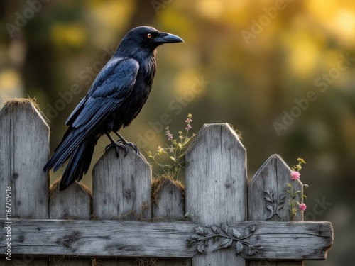 Majestic Raven Perched on Rustic Wooden Fence photo