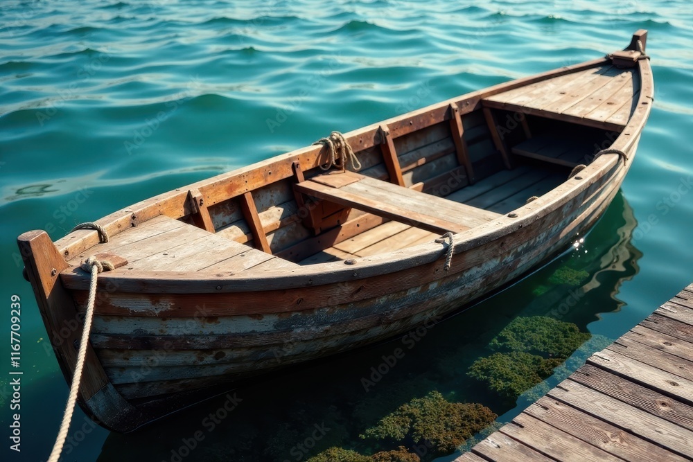 Old wooden boat on dock with weathered wooden planks and ropes, outdoor, wooden texture, wooden planks Old wooden boat on dock with weathered wooden planks and ropes, outdoor, wooden texture, wooden planks