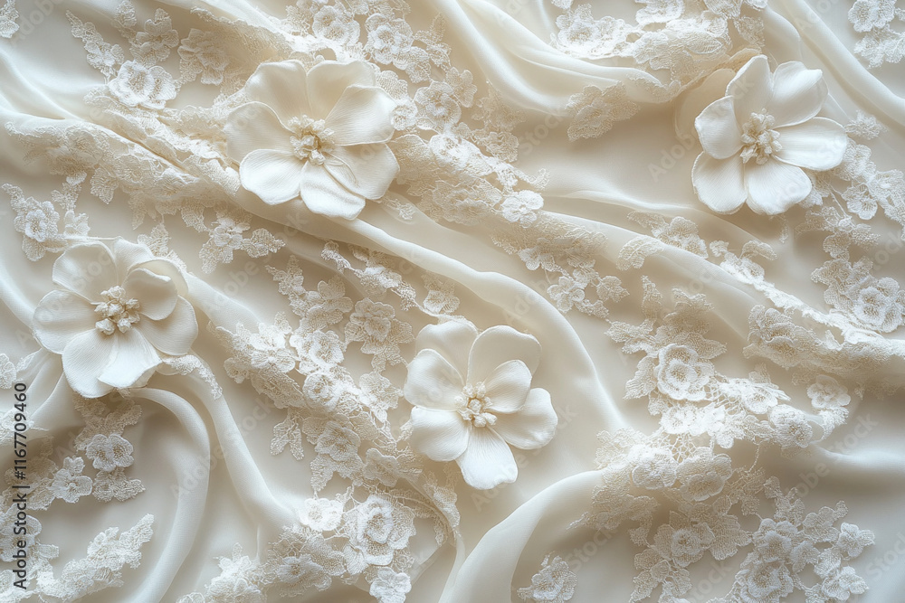 Soft white lace with delicate flowers creating an elegant textile design for special occasions. Generative AI Soft white lace with delicate flowers creating an elegant textile design for special occasions. Generative AI