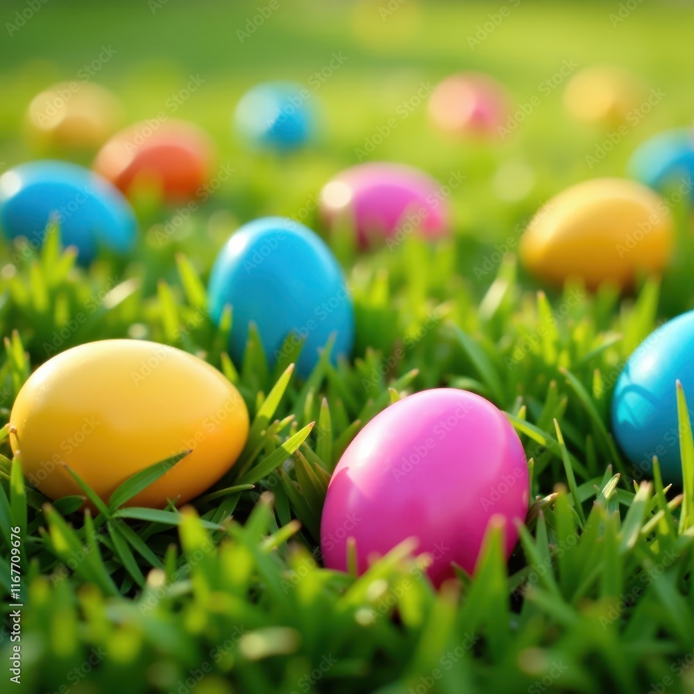 Brightly colored Easter eggs scattered on a grassy field , springtime, decoration Brightly colored Easter eggs scattered on a grassy field , springtime, decoration