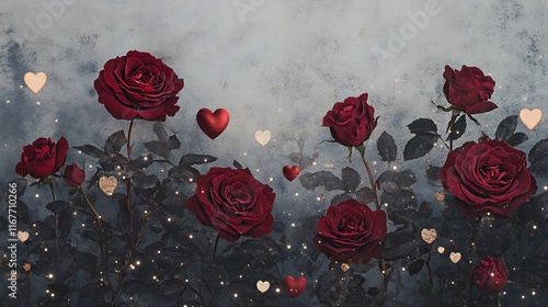 a collection of red roses and golden hearts surrounded by soft bokeh lights 