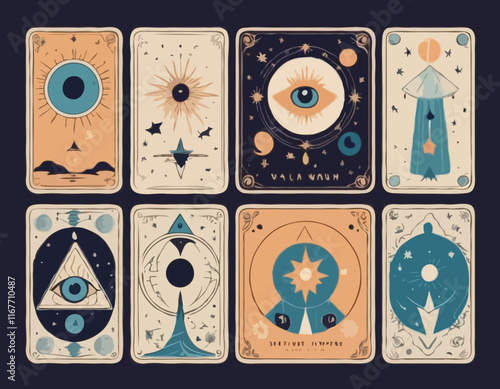 Magical tarot cards deck set. Spiritual moon and celestial eye symbols. Vector illustration. Astrology or sacred geometry poster design. Magic occult pattern, esoteric boho style.