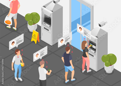 Atm security isometric concept. Face recognition and personal security in public space. Banking system, people queue for cash withdrawal flawless vector scene