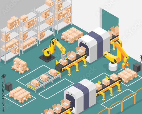 Isometric manufacture interior. Automatic production line, robotic machines work in factory. Product packaging, transportation and distribution flawless vector scene