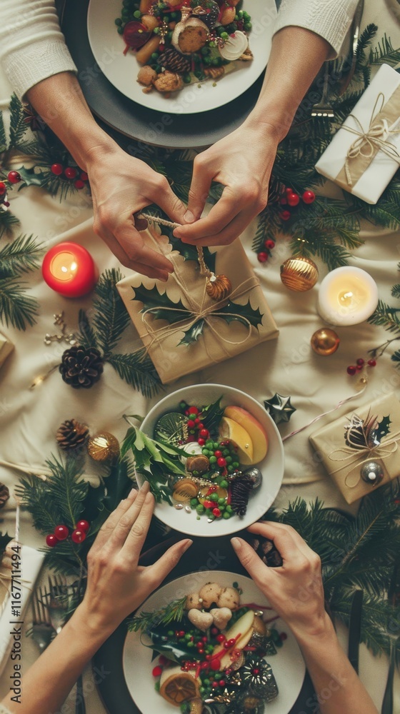Fototapeta premium Festive holiday dining with gift exchange and seasonal greenery.