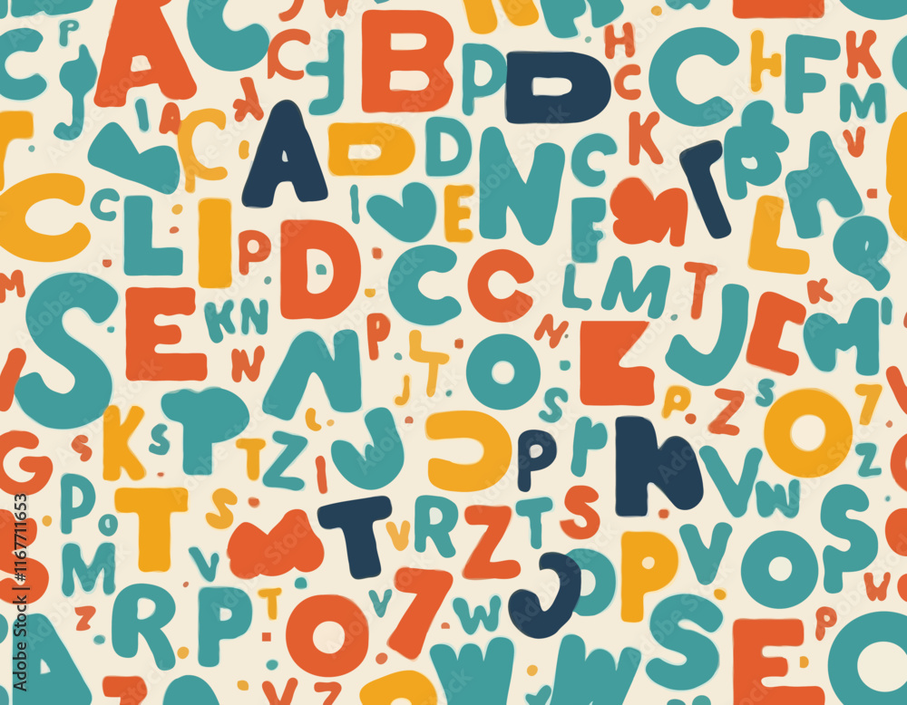 Cute English retro 3d alphabet seamless pattern. Vector illustration. Uppercase colorful letters for kids print, school carnival party, typography vintage background Cute English retro 3d alphabet seamless pattern. Vector illustration. Uppercase colorful letters for kids print, school carnival party, typography vintage background