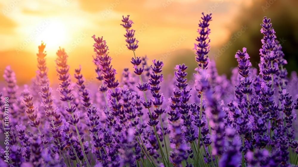 Naklejka premium Sunset over a field of vibrant purple lavender flowers.