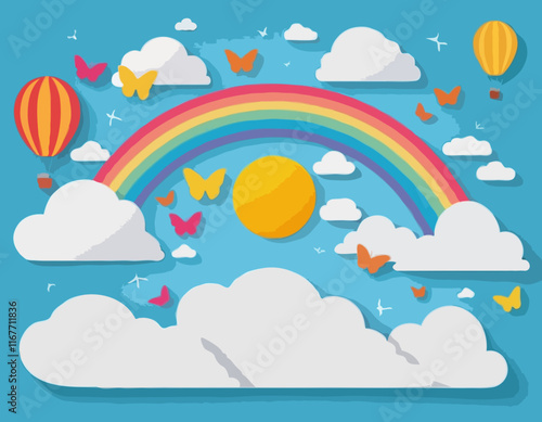 Beautiful fluffy clouds on blue sky background with summer sun, butterfly, hot air balloons and rainbow. Vector illustration. Paper cut style. Place for text