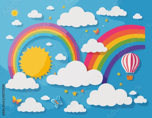 Beautiful fluffy clouds on blue sky background with summer sun, butterfly, hot air balloons and rainbow. Vector illustration. Paper cut style. Place for text