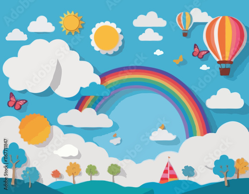 Beautiful fluffy clouds on blue sky background with summer sun, butterfly, hot air balloons and rainbow. Vector illustration. Paper cut style. Place for text