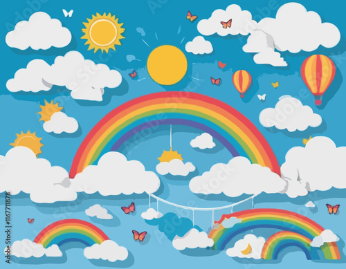 Vibrant Paper Cut Illustration of Fluffy White Clouds Against a Blue Sky, Featuring Summer Sun, Hot Air Balloons, Butterflies, and a Colorful Rainbow, with Space for Text.