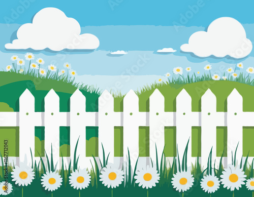 Wooden white fence, flowers and grass. Vector illustration. Sumer banner poster template, place for text. Paper cut clouds in blue spring sky. Chamomile daisy lawn