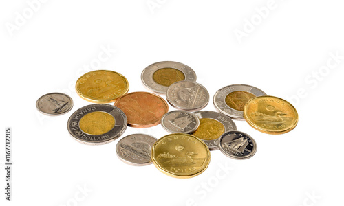 An assortment of Canadian cash money coins isolated cutout on transparent, high angle view photo