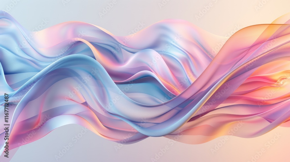 Fototapeta premium An abstract background featuring colorful wavy shapes, soft color gradients, and flowing ribbons of fabric. The design is ideal for modern wallpaper, creative projects, digital art, and 3D rendering
