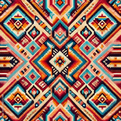 a vibrant native american-inspired yarn pattern featuring symmetrical geometric shapes.