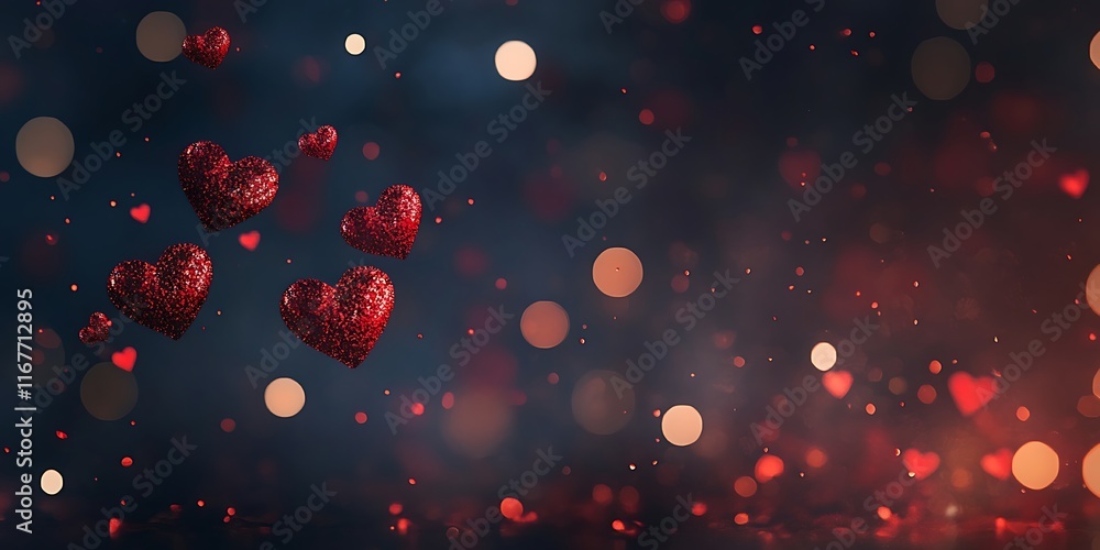 A sparkling Valentine�s Day background with floating red hearts and soft lighting
