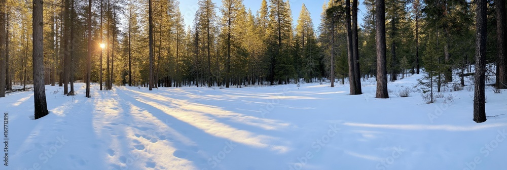 Fototapeta premium A snowy forest with a sun shining through the trees. The sun is casting a shadow on the snow