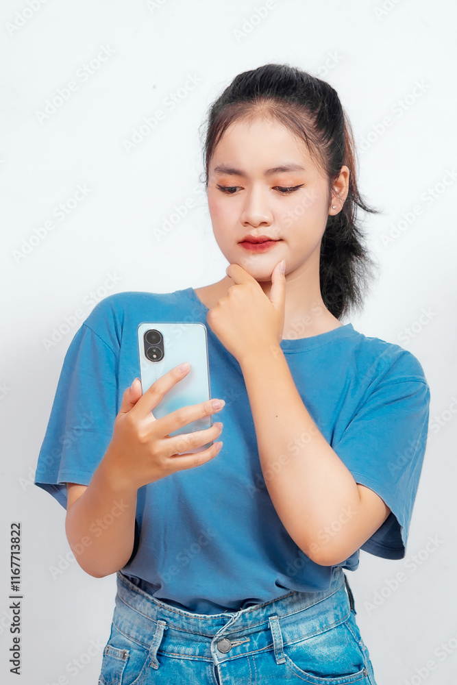 young Asian woman showing thinking gesture with his eyes young Asian woman showing thinking gesture with his eyes