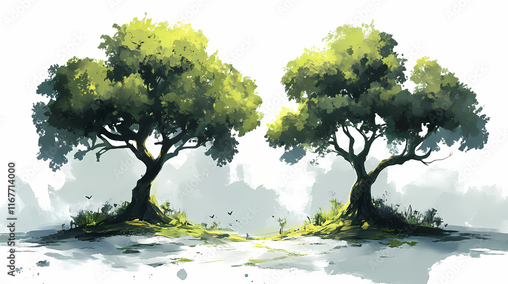 Three lush green trees on a white background. Frostwind. Illustration Three lush green trees on a white background. Frostwind. Illustration