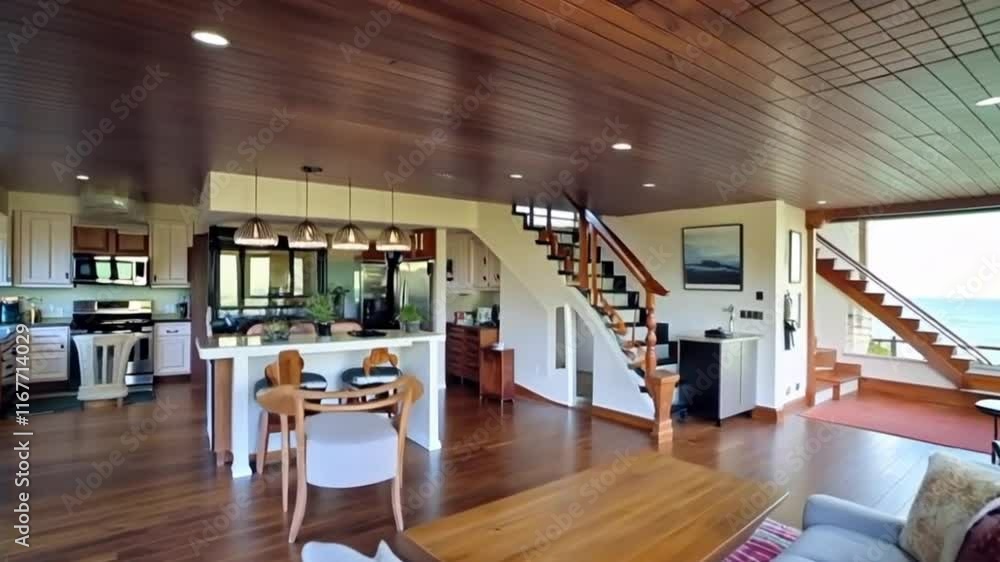 A 4K video rendering of a modern, cozy interior featuring a living and dining zone, staircase, and kitchen. This spacious apartment, perfect for sale or rent, boasts wood plank flooring, expensive fur A 4K video rendering of a modern, cozy interior featuring a living and dining zone, staircase, and kitchen. This spacious apartment, perfect for sale or rent, boasts wood plank flooring, expensive fur