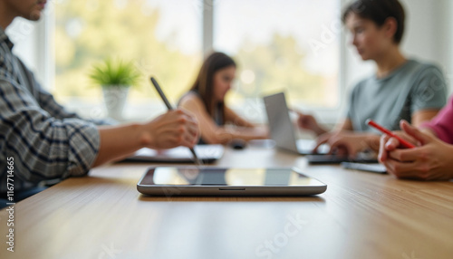 Tableau sur toile Collaborative learning at teacher's desk with digital tools, engagement