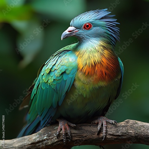 Nicobar Pigeon Caloenas nicobarica stunning metallic green bronze pigeon standing on a branch with a white background highlighting its vibrant plumage photo